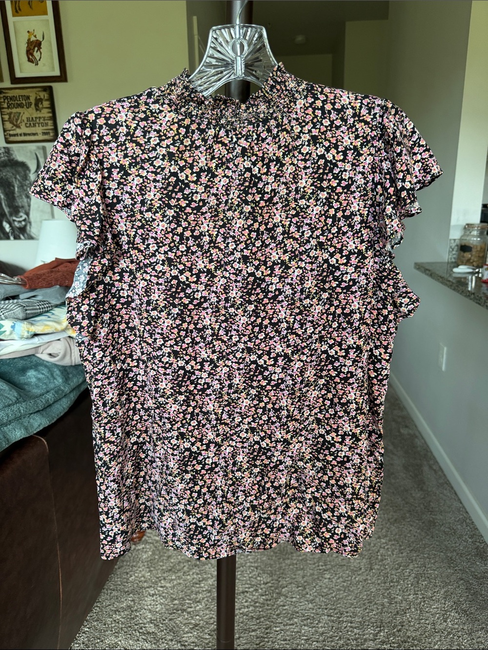 Floral Flutter Sleeve Mock Neck Top in Black and Pink